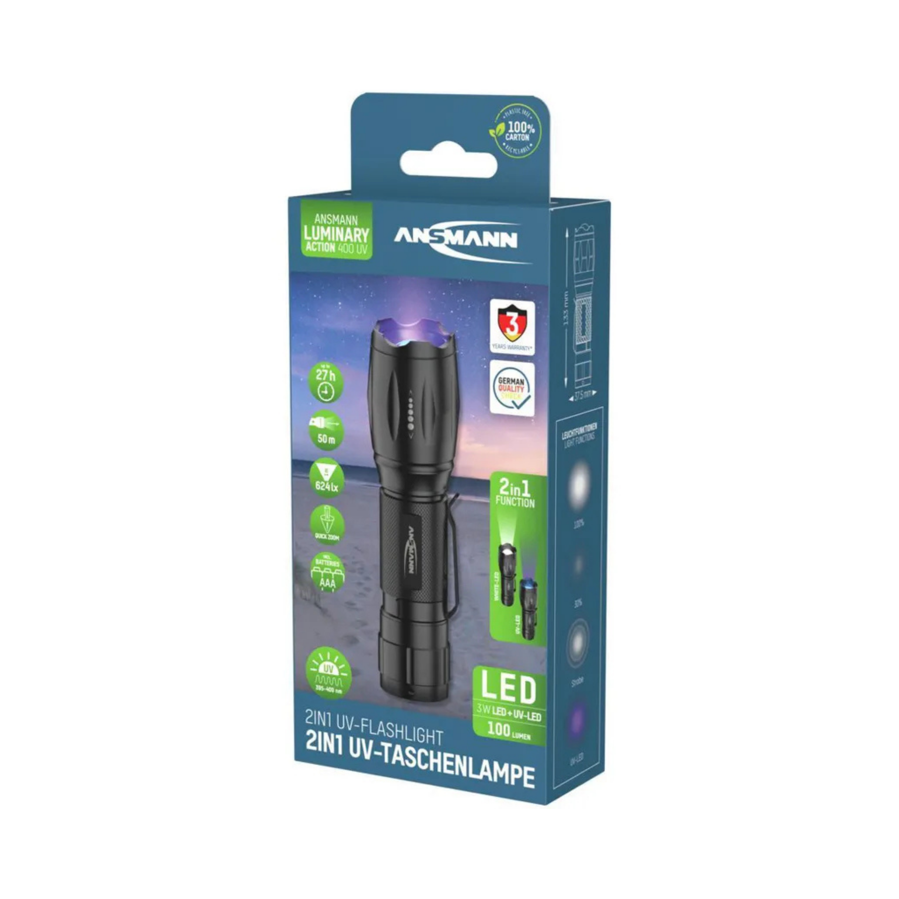 Schwarzlicht 400 UV 90lm, 129m Leuchtweite, 8h Leuchtdauer